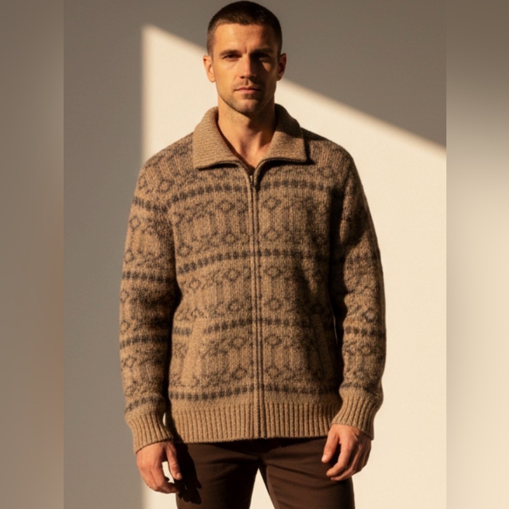 Vintage Sears The Men's Store Tan and Brown Zip-Up Sweater Pure Virgin Wool